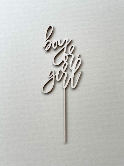 Auf diesem Bild sieht man einen boy or girl Cake Topper aus Holz.