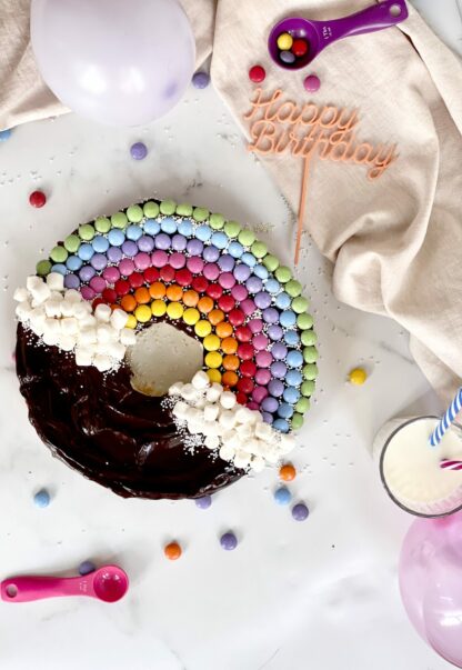 Auf diesem Bild sieht man einen Regenbogen Kuchenmit Smarties und mit einem bunten Happy Birthday Stecker.