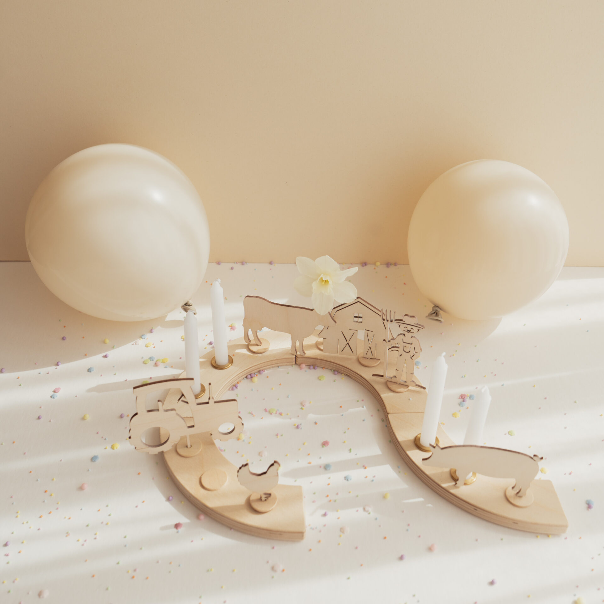 Bauernhof Kindergeburtstag Tischdeko für den Geburtstagskranz.